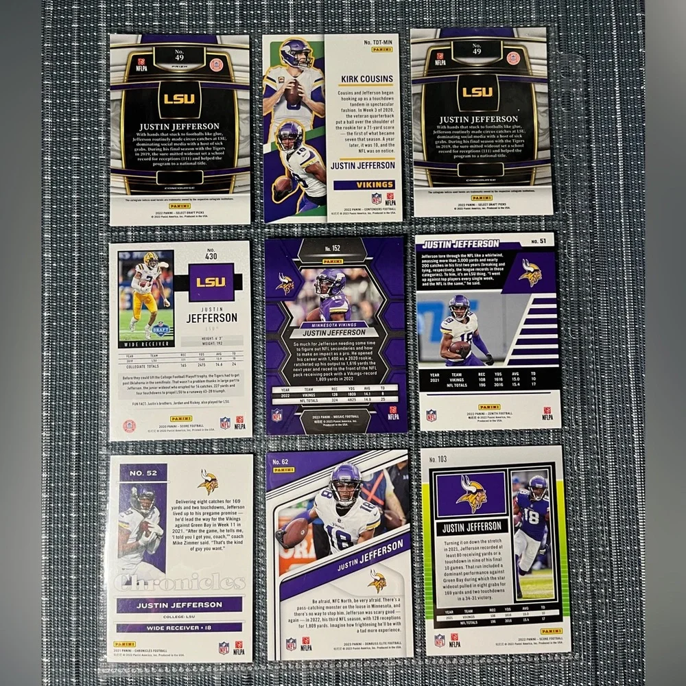 🏈 Justin Jefferson NFL Football Sports Trading Cards, Qty 9, Lot #1